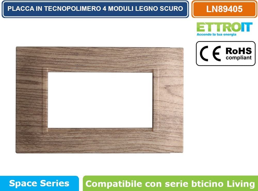 PLACCA IN TECNOPOLIMERO QUADRATA COLORE LEGNO SCURO COMPATIBILE CON SERIE BTICINO LIVING 3 - 4 - 7 MODULI ETTROIT LN89 - 3