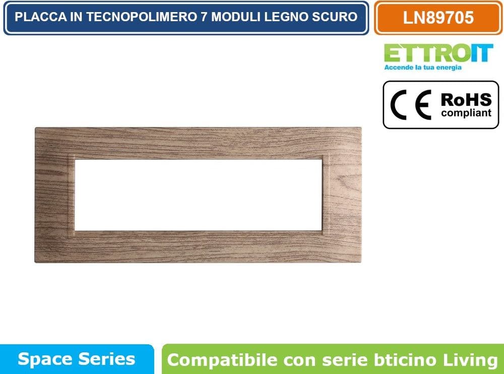 PLACCA IN TECNOPOLIMERO QUADRATA COLORE LEGNO SCURO COMPATIBILE CON SERIE BTICINO LIVING 3 - 4 - 7 MODULI ETTROIT LN89 - 4