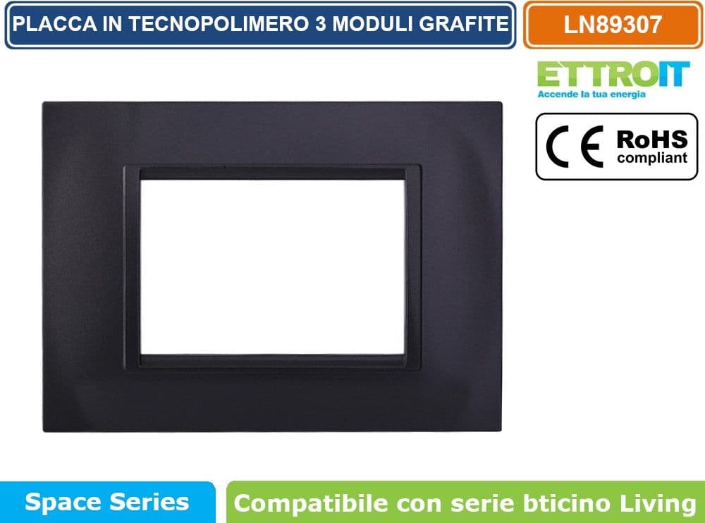 PLACCA IN TECNOPOLIMERO QUADRATA COLORE GRAFITE COMPATIBILE CON SERIE BTICINO LIVING 3 - 4 - 7 MODULI ETTROIT LN89 - 2
