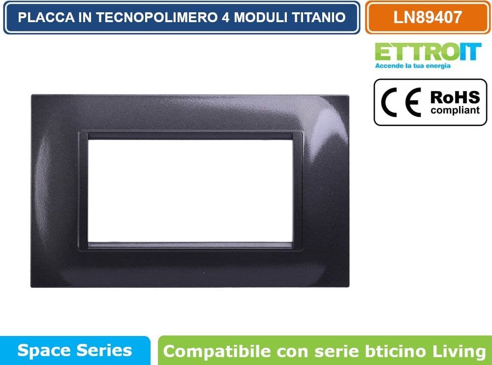 PLACCA IN TECNOPOLIMERO QUADRATA COLORE GRAFITE COMPATIBILE CON SERIE BTICINO LIVING 3 - 4 - 7 MODULI ETTROIT LN89 - 3