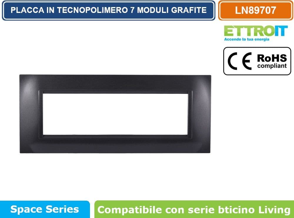 PLACCA IN TECNOPOLIMERO QUADRATA COLORE GRAFITE COMPATIBILE CON SERIE BTICINO LIVING 3 - 4 - 7 MODULI ETTROIT LN89 - 4