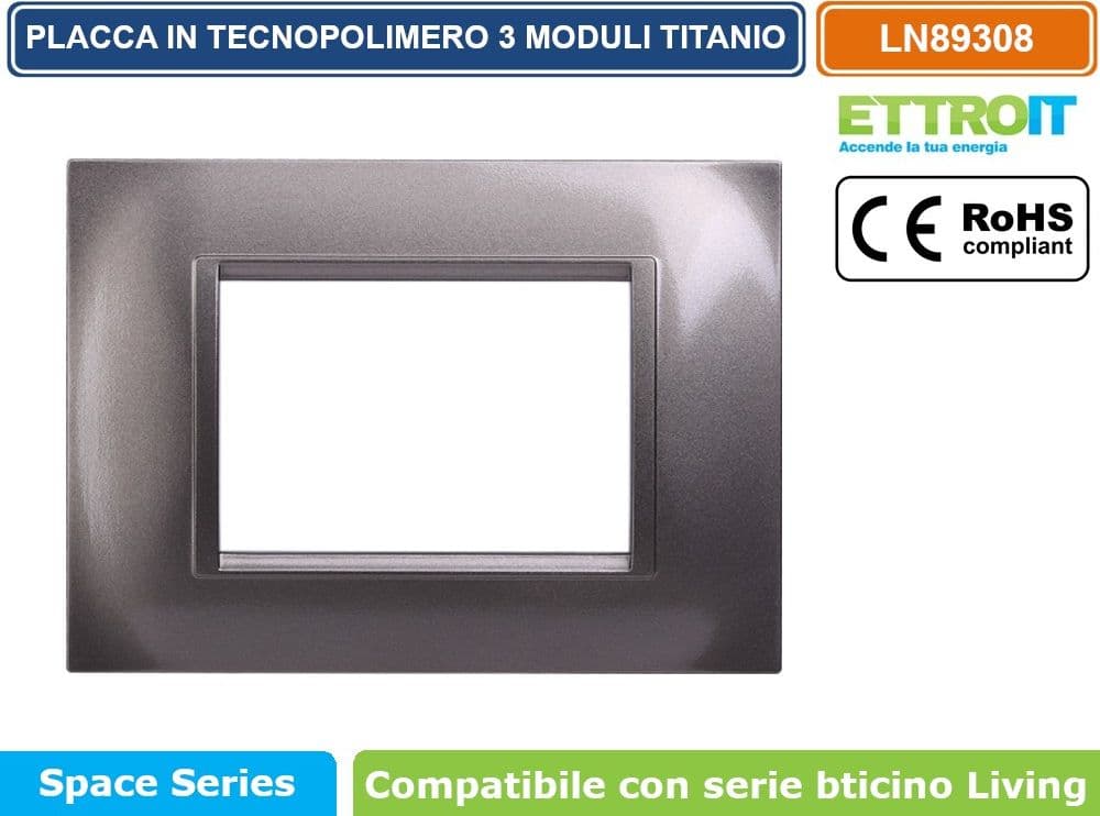 PLACCA IN TECNOPOLIMERO QUADRATA COLORE TITANIO COMPATIBILE CON SERIE BTICINO LIVING 3 - 4 - 7 MODULI ETTROIT LN89 - 2