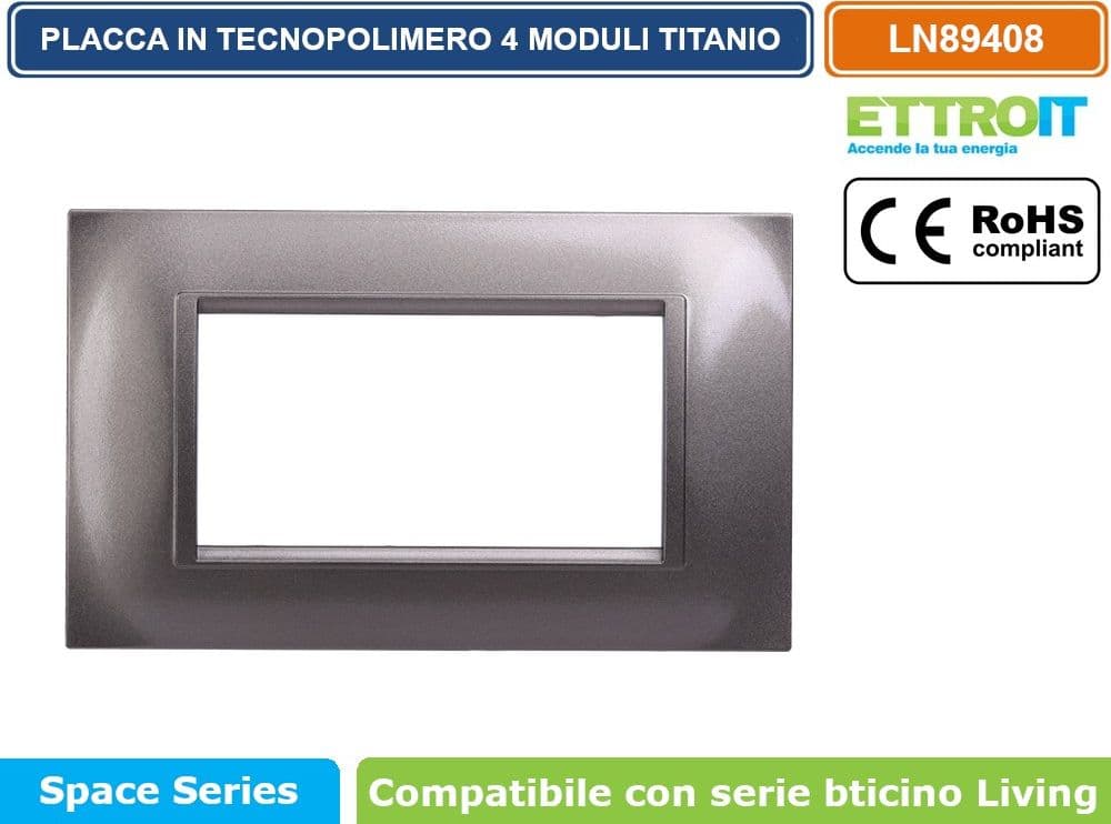 PLACCA IN TECNOPOLIMERO QUADRATA COLORE TITANIO COMPATIBILE CON SERIE BTICINO LIVING 3 - 4 - 7 MODULI ETTROIT LN89 - 3