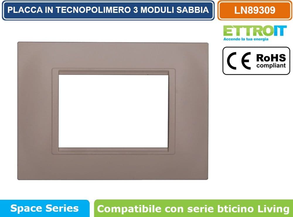 PLACCA IN TECNOPOLIMERO QUADRATA COLORE SABBIA COMPATIBILE CON SERIE BTICINO LIVING 3 - 4 - 7 MODULI ETTROIT LN89 - 2