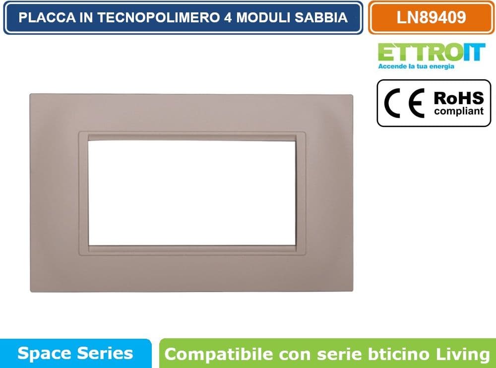 PLACCA IN TECNOPOLIMERO QUADRATA COLORE SABBIA COMPATIBILE CON SERIE BTICINO LIVING 3 - 4 - 7 MODULI ETTROIT LN89 - 3