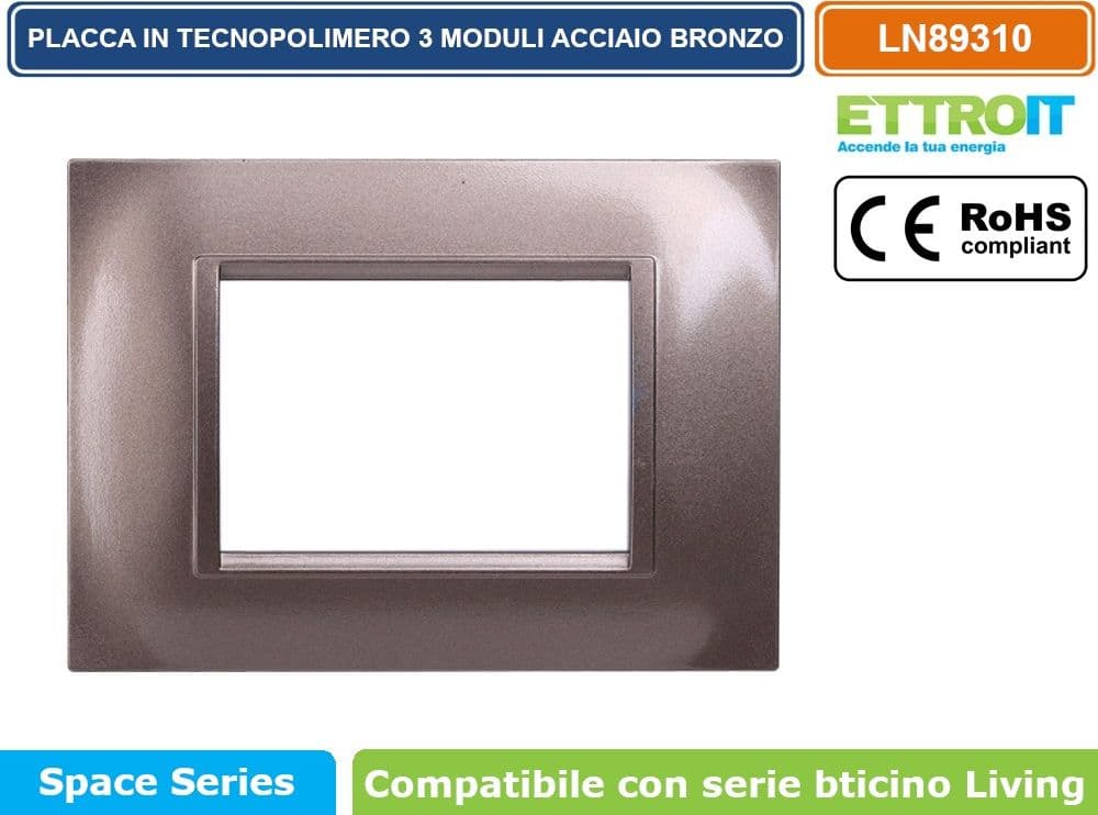 PLACCA IN TECNOPOLIMERO QUADRATA COLORE ACCIAIO BRONZO COMPATIBILE CON SERIE BTICINO LIVING 3 - 4 - 7 MODULI ETTROIT LN89 - 2