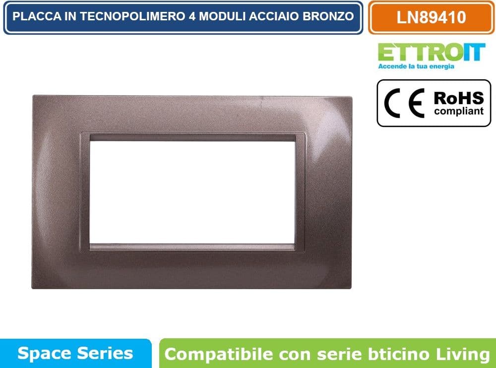PLACCA IN TECNOPOLIMERO QUADRATA COLORE ACCIAIO BRONZO COMPATIBILE CON SERIE BTICINO LIVING 3 - 4 - 7 MODULI ETTROIT LN89 - 3