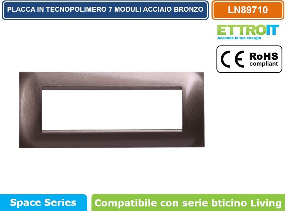 PLACCA IN TECNOPOLIMERO QUADRATA COLORE ACCIAIO BRONZO COMPATIBILE CON SERIE BTICINO LIVING 3 - 4 - 7 MODULI ETTROIT LN89 - 4