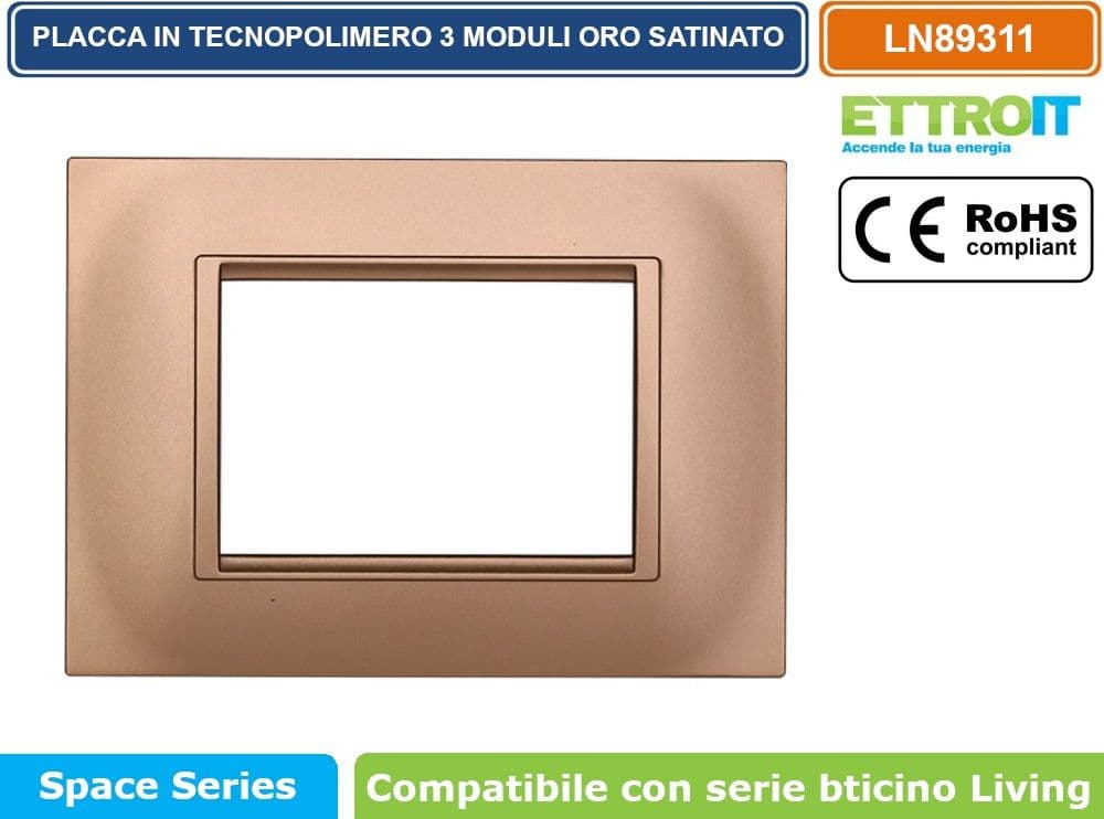 PLACCA IN TECNOPOLIMERO QUADRATA COLORE ORO COMPATIBILE CON SERIE BTICINO LIVING 3 - 4 - 7 MODULI ETTROIT LN89 - 2
