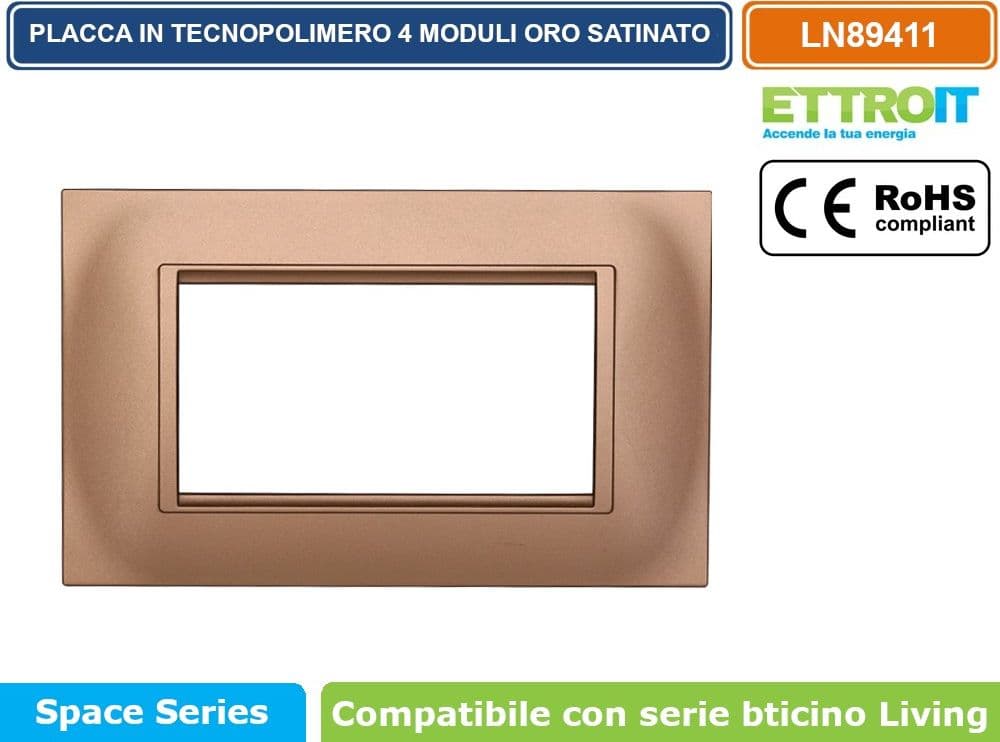 PLACCA IN TECNOPOLIMERO QUADRATA COLORE ORO COMPATIBILE CON SERIE BTICINO LIVING 3 - 4 - 7 MODULI ETTROIT LN89 - 3