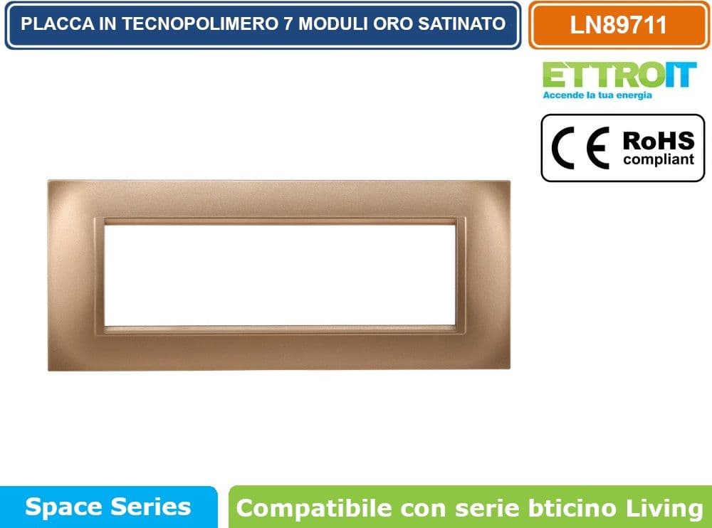 PLACCA IN TECNOPOLIMERO QUADRATA COLORE ORO COMPATIBILE CON SERIE BTICINO LIVING 3 - 4 - 7 MODULI ETTROIT LN89 - 4