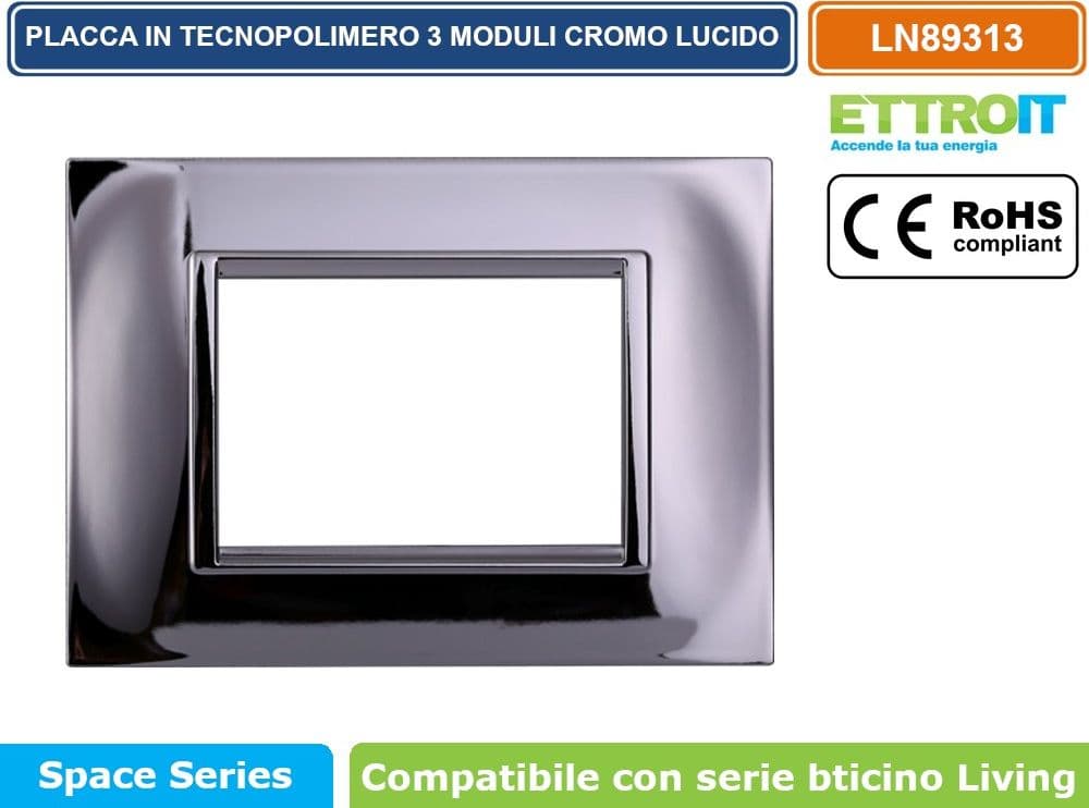 PLACCA IN TECNOPOLIMERO QUADRATA COLORE CROMO LUCIDO COMPATIBILE CON SERIE BTICINO LIVING 3 - 4 - 7 MODULI ETTROIT LN89 - 2