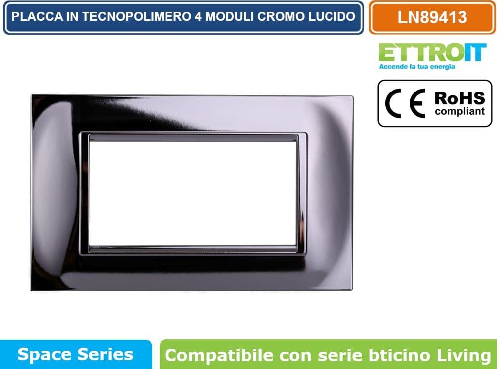 PLACCA IN TECNOPOLIMERO QUADRATA COLORE CROMO LUCIDO COMPATIBILE CON SERIE BTICINO LIVING 3 - 4 - 7 MODULI ETTROIT LN89 - 3
