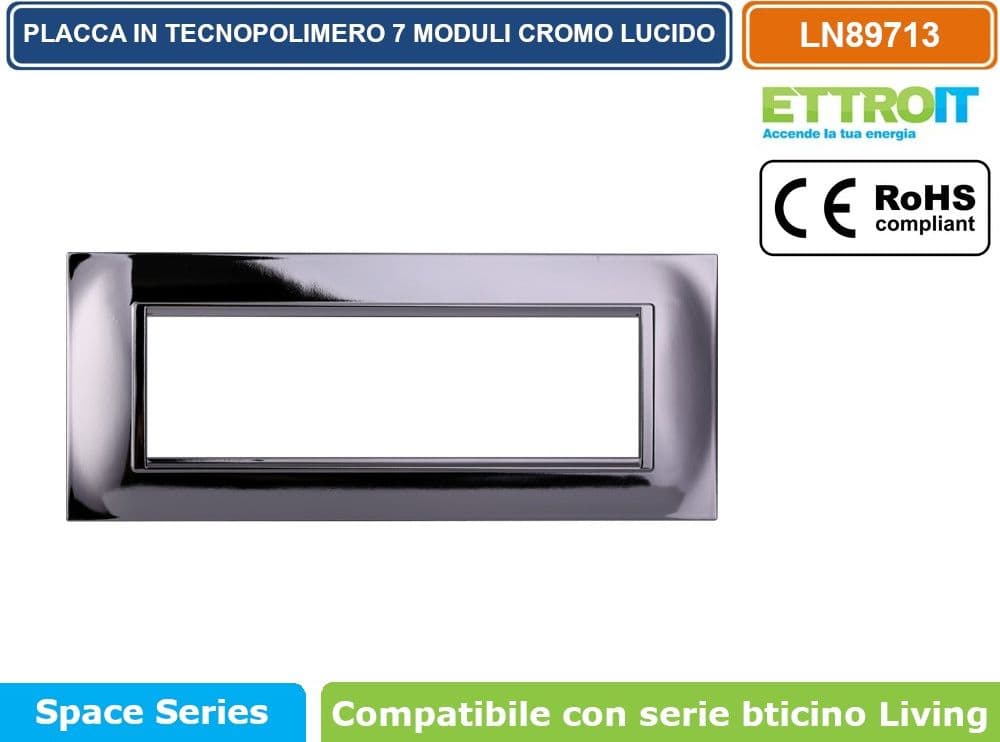 PLACCA IN TECNOPOLIMERO QUADRATA COLORE CROMO LUCIDO COMPATIBILE CON SERIE BTICINO LIVING 3 - 4 - 7 MODULI ETTROIT LN89 - 4