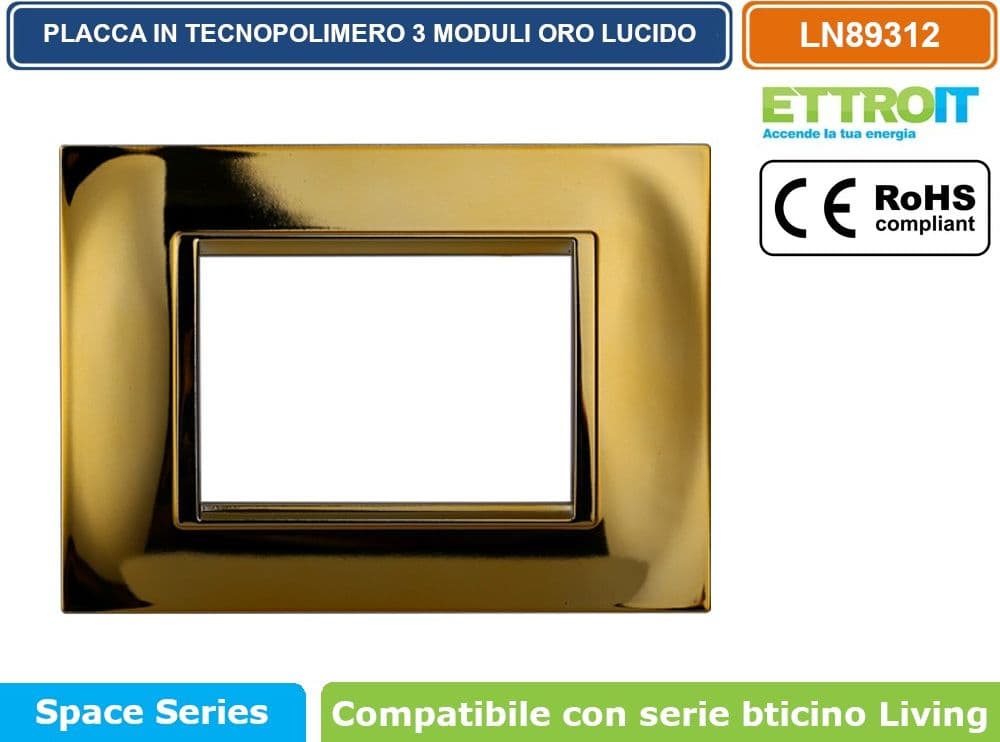 PLACCA IN TECNOPOLIMERO QUADRATA COLORE ORO LUCIDO COMPATIBILE CON SERIE BTICINO LIVING 3 - 4 - 7 MODULI ETTROIT LN89 - 2