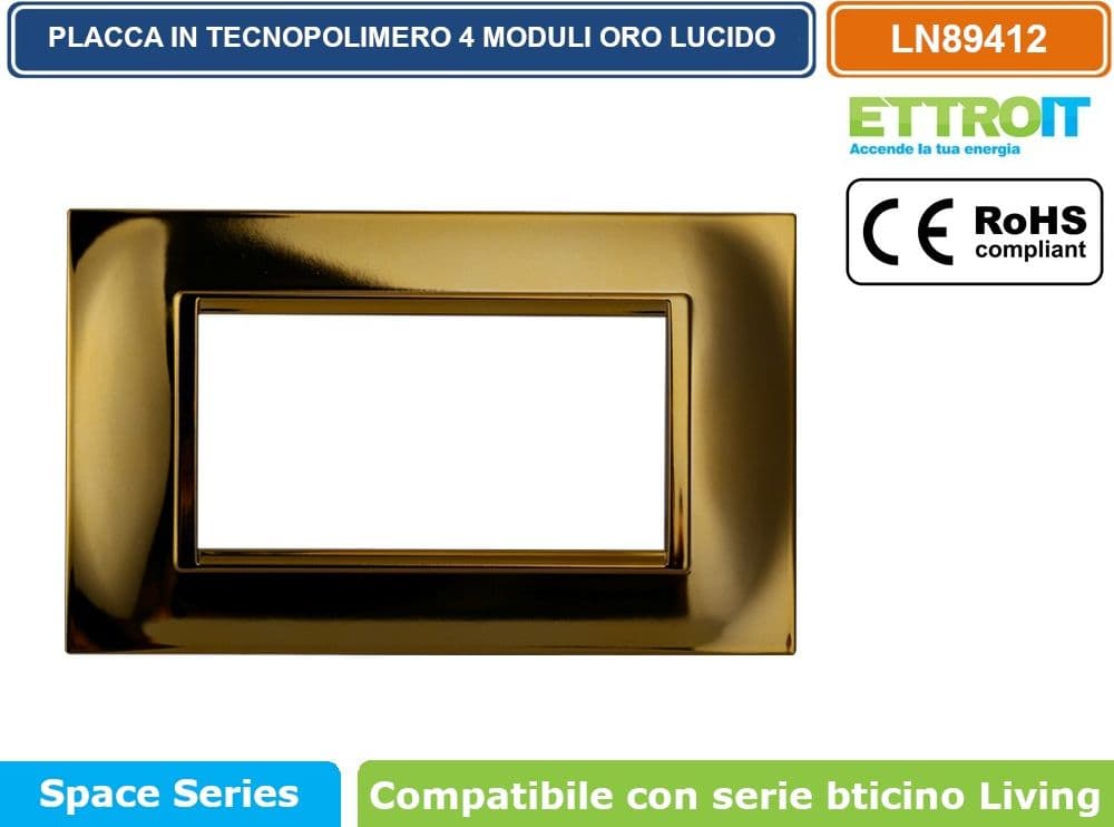 PLACCA IN TECNOPOLIMERO QUADRATA COLORE ORO LUCIDO COMPATIBILE CON SERIE BTICINO LIVING 3 - 4 - 7 MODULI ETTROIT LN89 - 3