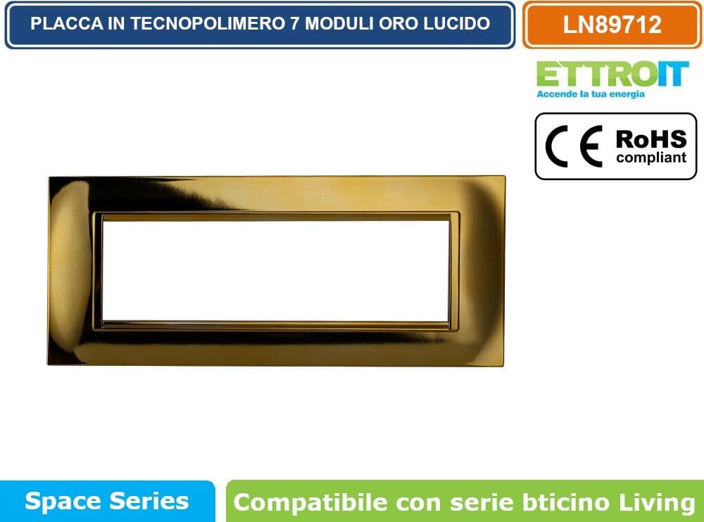 PLACCA IN TECNOPOLIMERO QUADRATA COLORE ORO LUCIDO COMPATIBILE CON SERIE BTICINO LIVING 3 - 4 - 7 MODULI ETTROIT LN89 - 4