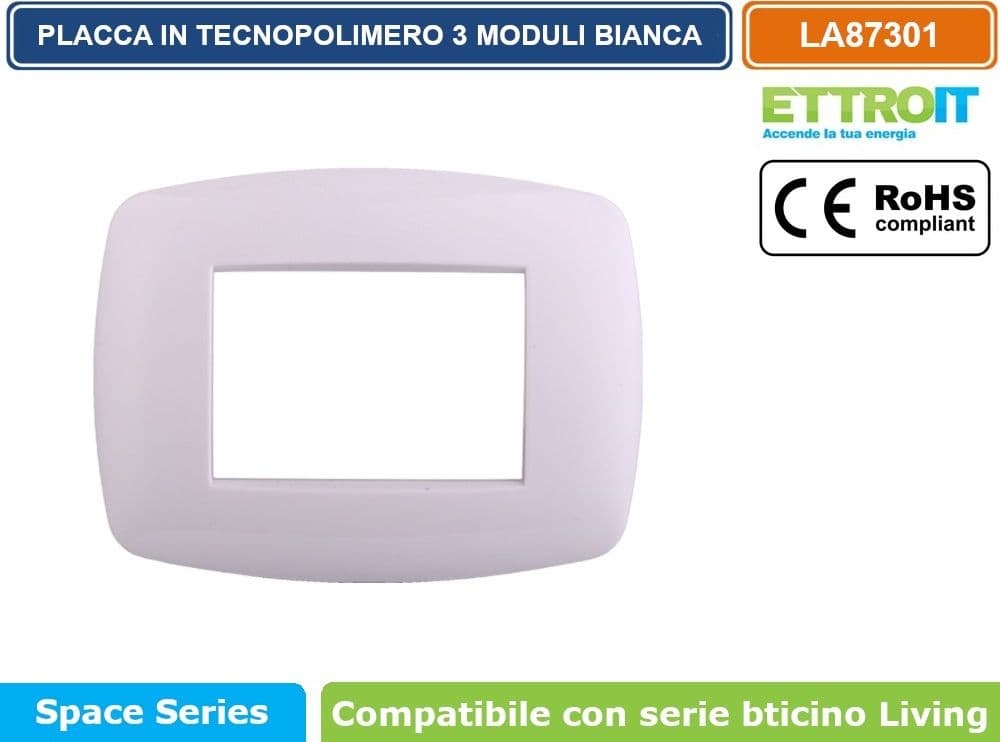 PLACCA IN TECNOPOLIMERO SLIM COLORE BIANCO COMPATIBILE CON SERIE BTICINO LIVING 3 - 4 - 7 MODULI ETTROIT LN87 - 2
