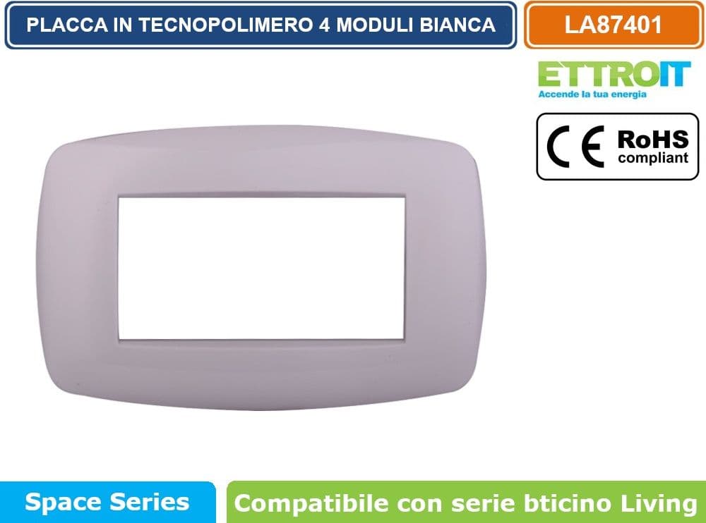 PLACCA IN TECNOPOLIMERO SLIM COLORE BIANCO COMPATIBILE CON SERIE BTICINO LIVING 3 - 4 - 7 MODULI ETTROIT LN87 - 3