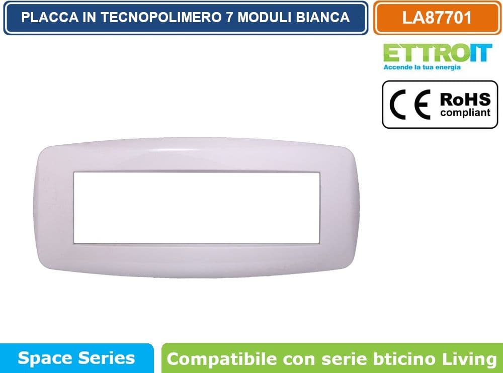 PLACCA IN TECNOPOLIMERO SLIM COLORE BIANCO COMPATIBILE CON SERIE BTICINO LIVING 3 - 4 - 7 MODULI ETTROIT LN87 - 4