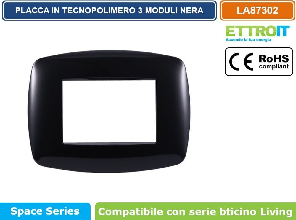 PLACCA IN TECNOPOLIMERO SLIM COLORE NERO COMPATIBILE CON SERIE BTICINO LIVING 3 - 4 - 7 MODULI ETTROIT LN87 - 2