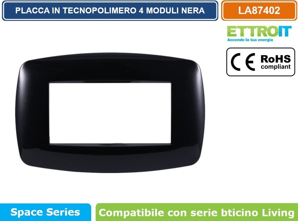 PLACCA IN TECNOPOLIMERO SLIM COLORE NERO COMPATIBILE CON SERIE BTICINO LIVING 3 - 4 - 7 MODULI ETTROIT LN87 - 3