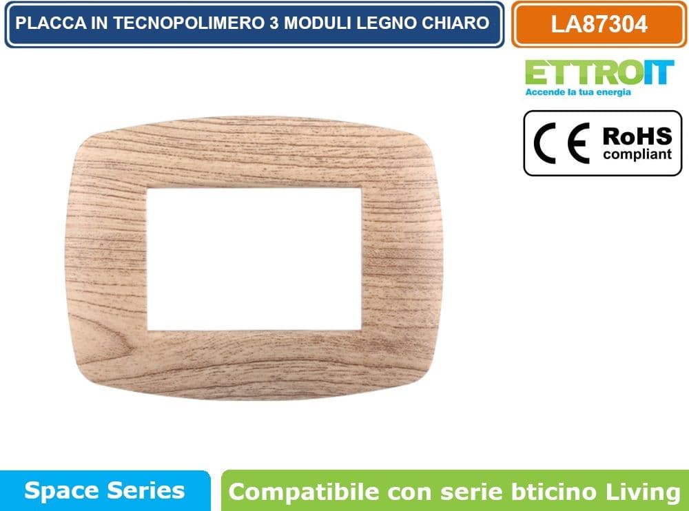 PLACCA IN TECNOPOLIMERO SLIM COLORE LEGNO CHIARO COMPATIBILE CON SERIE BTICINO LIVING 3 - 4 - 7 MODULI ETTROIT LN87 - 2