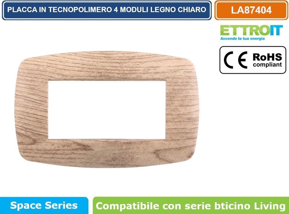 PLACCA IN TECNOPOLIMERO SLIM COLORE LEGNO CHIARO COMPATIBILE CON SERIE BTICINO LIVING 3 - 4 - 7 MODULI ETTROIT LN87 - 3
