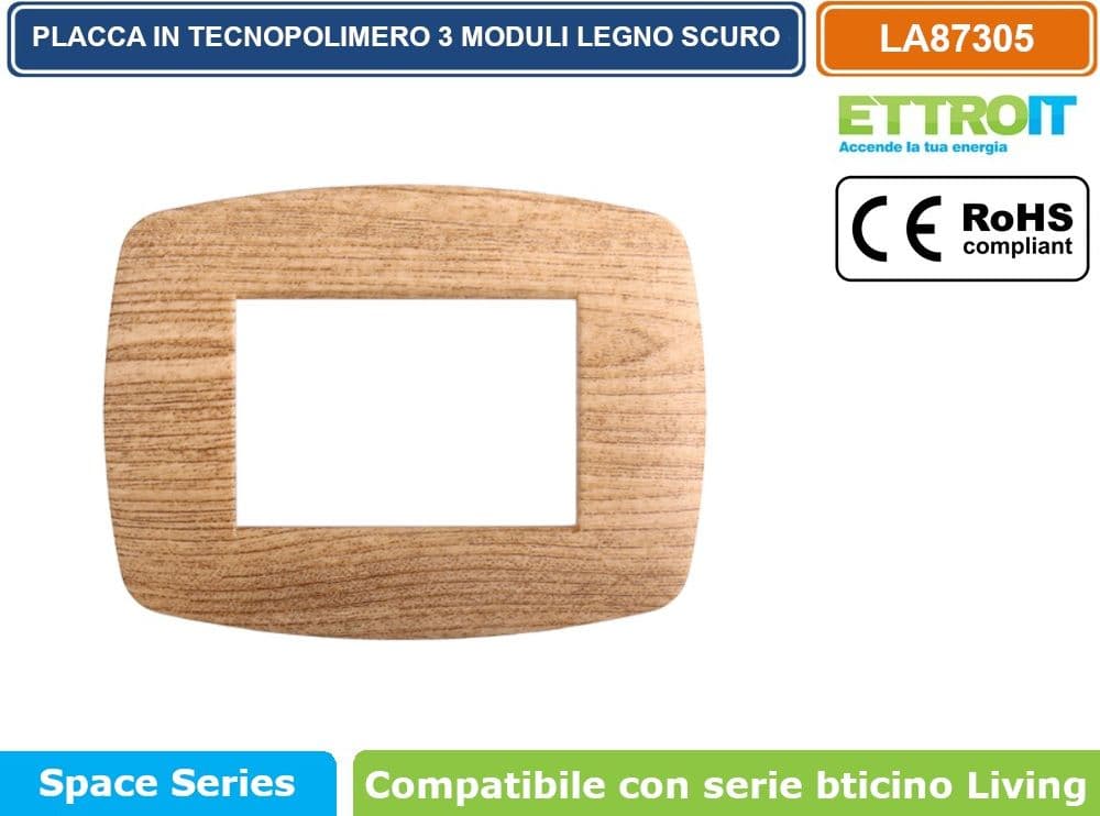PLACCA IN TECNOPOLIMERO SLIM COLORE LEGNO SCURO COMPATIBILE CON SERIE BTICINO LIVING 3 - 4 - 7 MODULI ETTROIT LN87 - 2