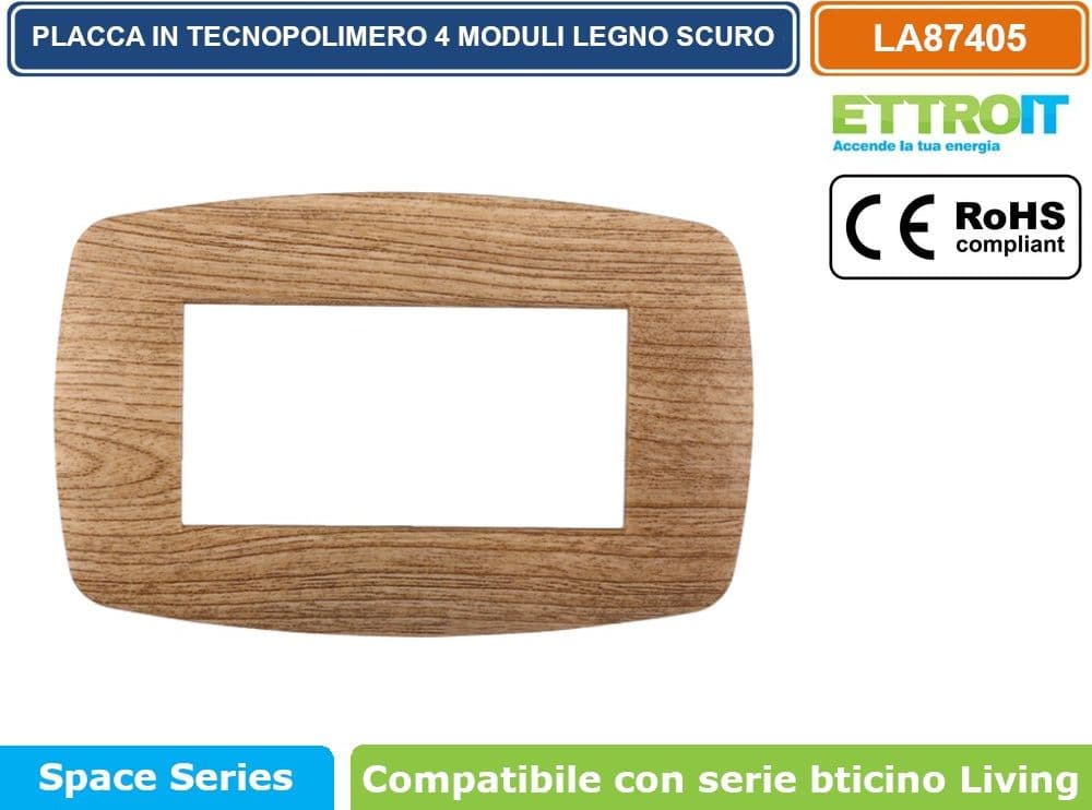 PLACCA IN TECNOPOLIMERO SLIM COLORE LEGNO SCURO COMPATIBILE CON SERIE BTICINO LIVING 3 - 4 - 7 MODULI ETTROIT LN87 - 3