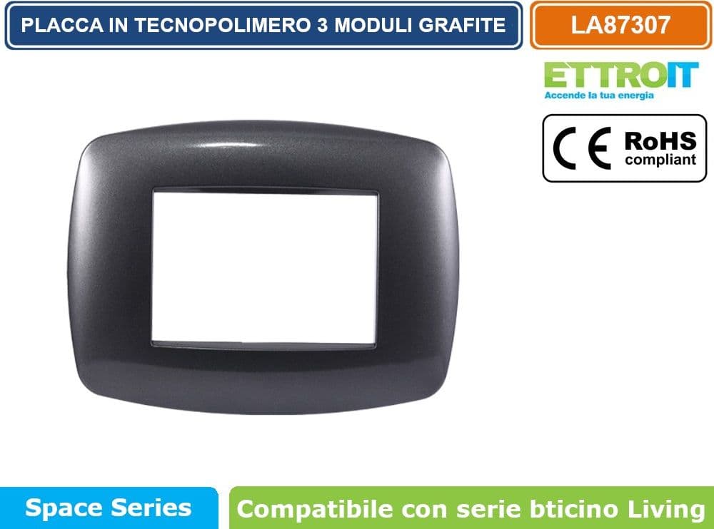 PLACCA IN TECNOPOLIMERO SLIM COLORE GRAFITE COMPATIBILE CON SERIE BTICINO LIVING 3 - 4 - 7 MODULI ETTROIT LN87 - 2