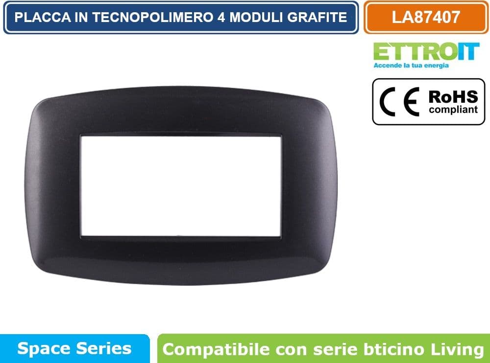 PLACCA IN TECNOPOLIMERO SLIM COLORE GRAFITE COMPATIBILE CON SERIE BTICINO LIVING 3 - 4 - 7 MODULI ETTROIT LN87 - 3