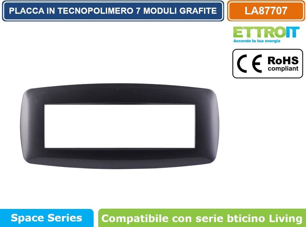 PLACCA IN TECNOPOLIMERO SLIM COLORE GRAFITE COMPATIBILE CON SERIE BTICINO LIVING 3 - 4 - 7 MODULI ETTROIT LN87 - 4