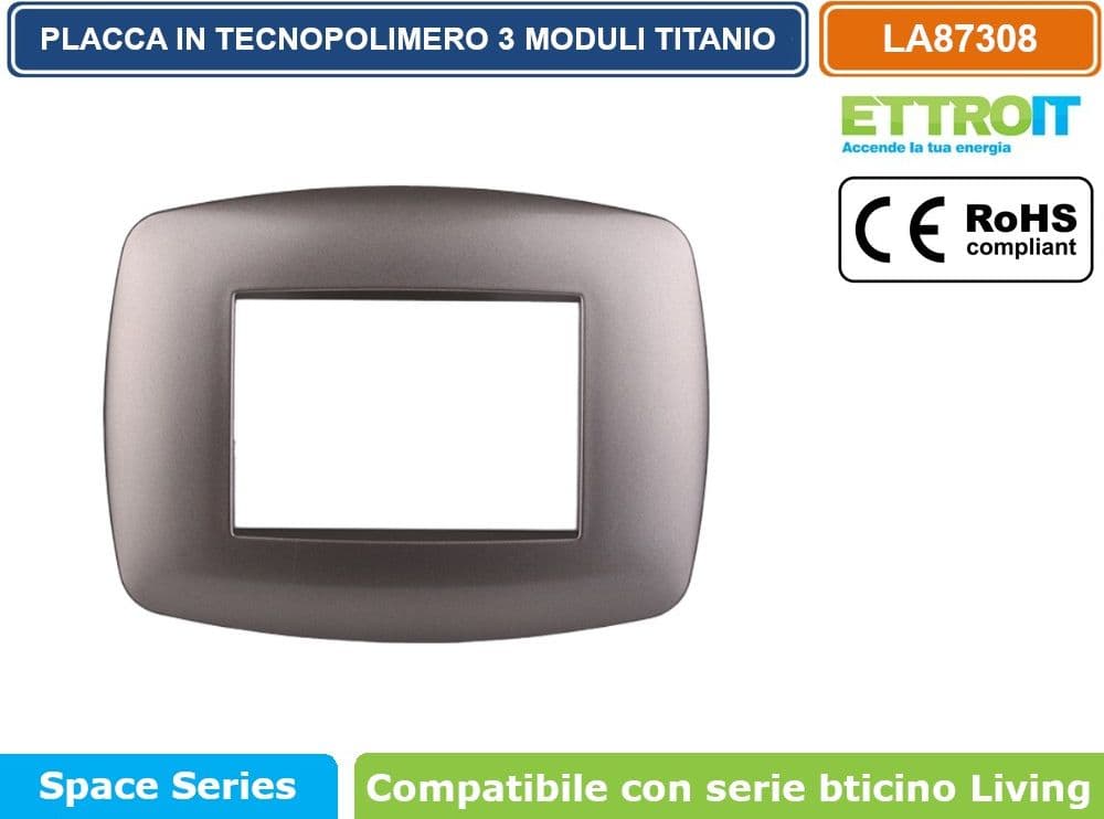 PLACCA IN TECNOPOLIMERO SLIM COLORE TITANIO COMPATIBILE CON SERIE BTICINO LIVING 3 - 4 - 7 MODULI ETTROIT LN87 - 2