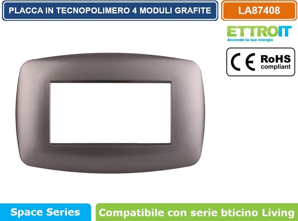 PLACCA IN TECNOPOLIMERO SLIM COLORE TITANIO COMPATIBILE CON SERIE BTICINO LIVING 3 - 4 - 7 MODULI ETTROIT LN87 - 3