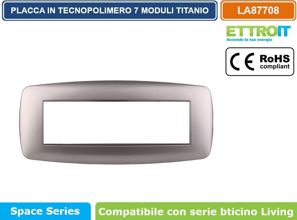 PLACCA IN TECNOPOLIMERO SLIM COLORE TITANIO COMPATIBILE CON SERIE BTICINO LIVING 3 - 4 - 7 MODULI ETTROIT LN87 - 4