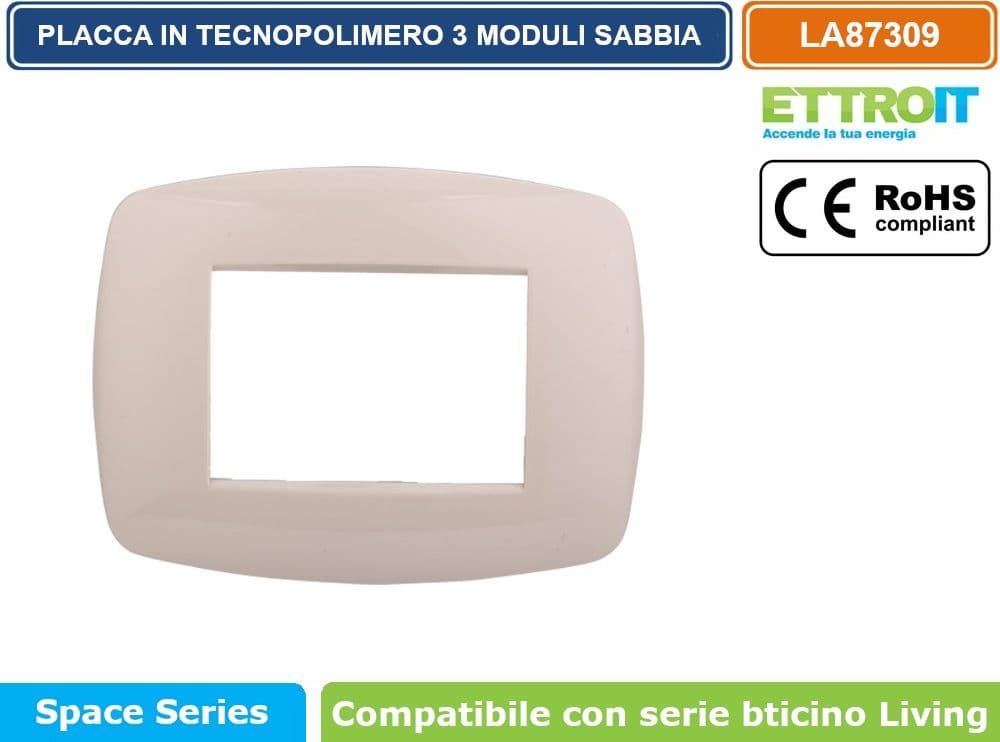PLACCA IN TECNOPOLIMERO SLIM COLORE SABBIA COMPATIBILE CON SERIE BTICINO LIVING 3 - 4 - 7 MODULI ETTROIT LN87 - 2