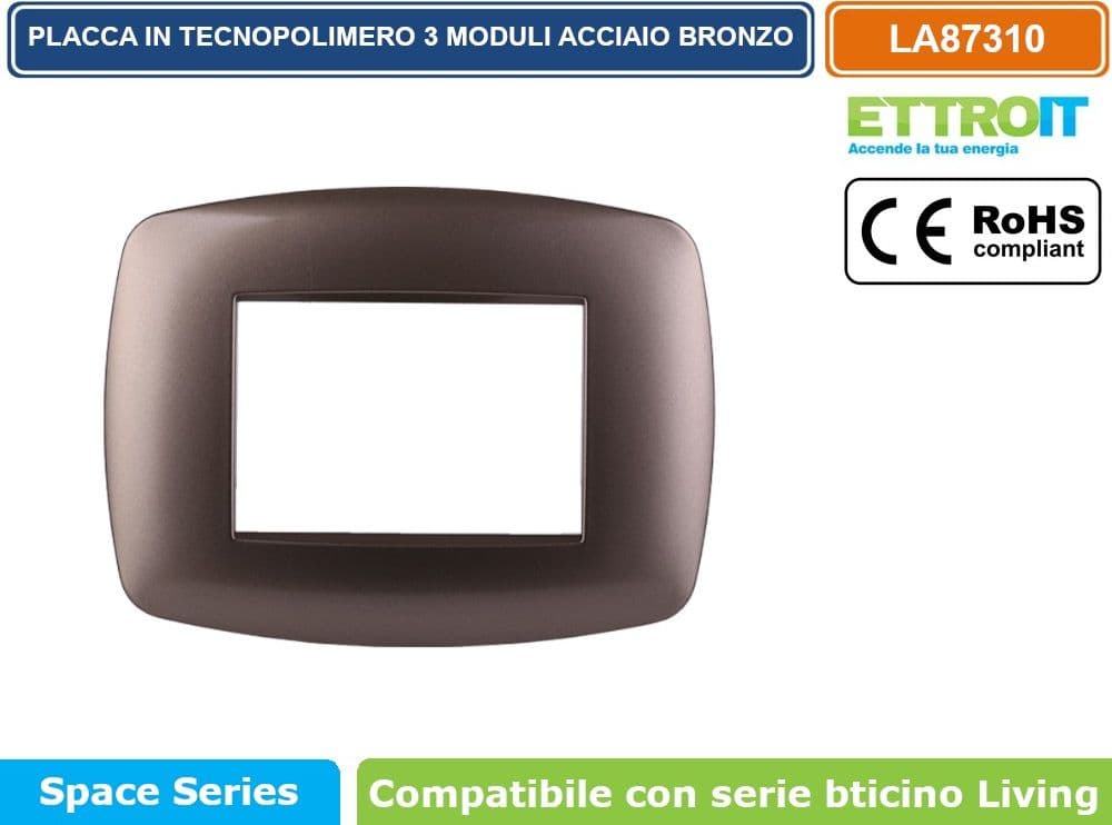 PLACCA IN TECNOPOLIMERO SLIM COLORE ACCIAIO BRONZO COMPATIBILE CON SERIE BTICINO LIVING 3 - 4 - 7 MODULI ETTROIT LN87 - 2