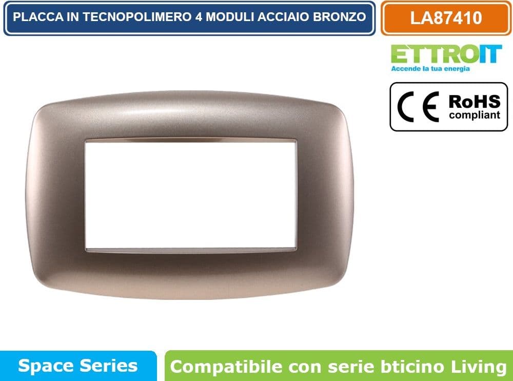 PLACCA IN TECNOPOLIMERO SLIM COLORE ACCIAIO BRONZO COMPATIBILE CON SERIE BTICINO LIVING 3 - 4 - 7 MODULI ETTROIT LN87 - 3
