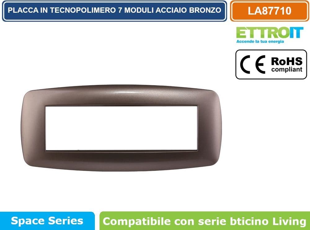 PLACCA IN TECNOPOLIMERO SLIM COLORE ACCIAIO BRONZO COMPATIBILE CON SERIE BTICINO LIVING 3 - 4 - 7 MODULI ETTROIT LN87 - 4