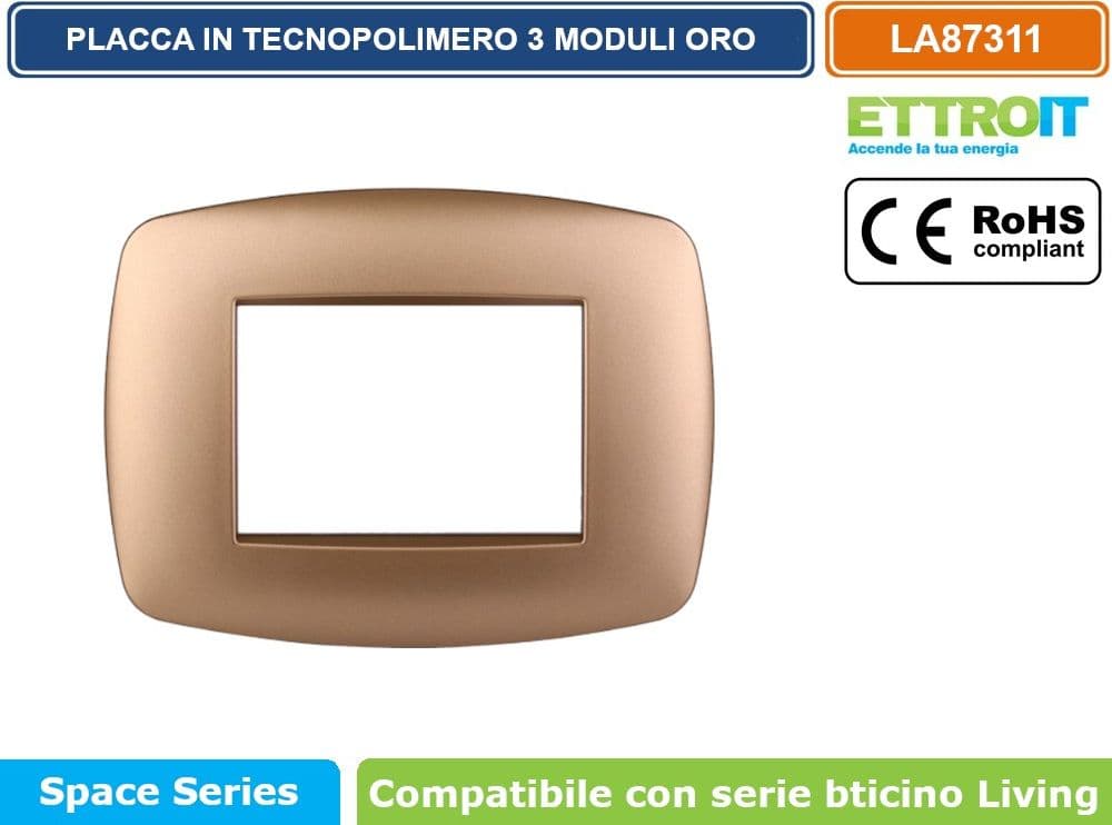 PLACCA IN TECNOPOLIMERO SLIM COLORE ORO COMPATIBILE CON SERIE BTICINO LIVING 3 - 4 - 7 MODULI ETTROIT LN87 - 2