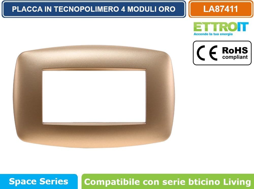 PLACCA IN TECNOPOLIMERO SLIM COLORE ORO COMPATIBILE CON SERIE BTICINO LIVING 3 - 4 - 7 MODULI ETTROIT LN87 - 3