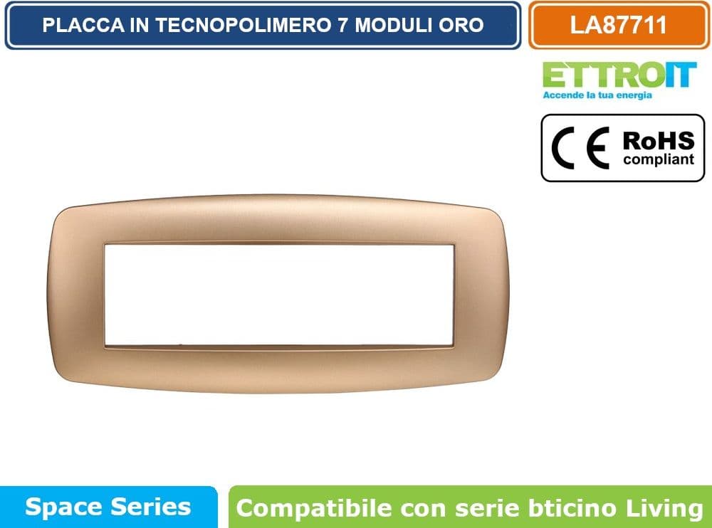 PLACCA IN TECNOPOLIMERO SLIM COLORE ORO COMPATIBILE CON SERIE BTICINO LIVING 3 - 4 - 7 MODULI ETTROIT LN87 - 4