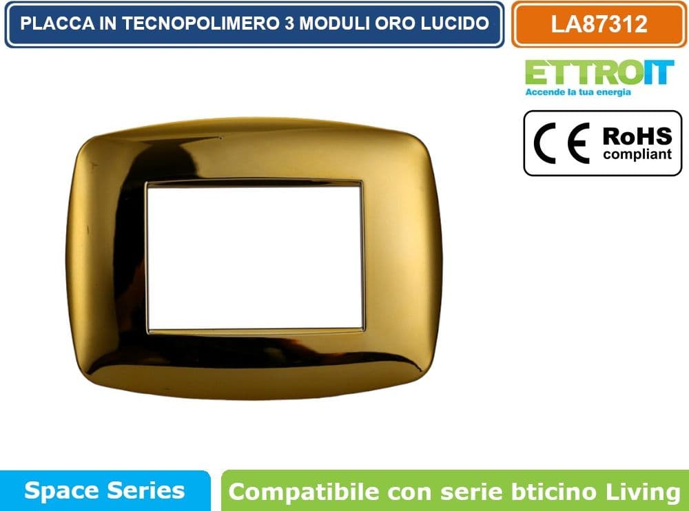 PLACCA IN TECNOPOLIMERO SLIM COLORE ORO LUCIDO COMPATIBILE CON SERIE BTICINO LIVING 3 - 4 - 7 MODULI ETTROIT LN87 - 2
