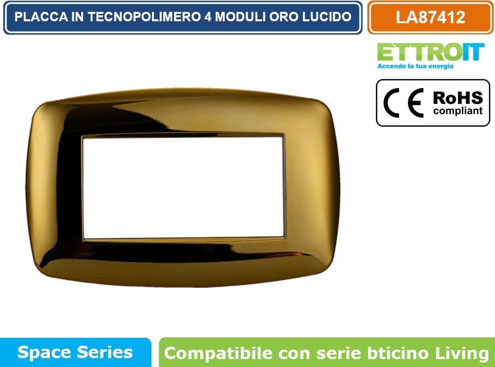 PLACCA IN TECNOPOLIMERO SLIM COLORE ORO LUCIDO COMPATIBILE CON SERIE BTICINO LIVING 3 - 4 - 7 MODULI ETTROIT LN87 - 3