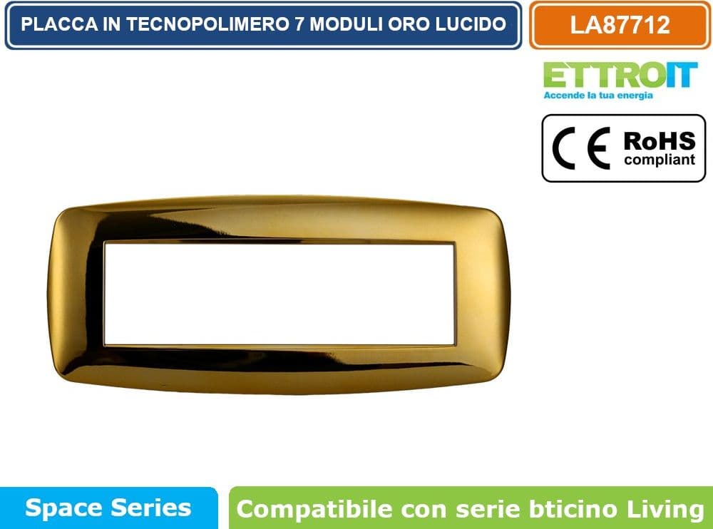 PLACCA IN TECNOPOLIMERO SLIM COLORE ORO LUCIDO COMPATIBILE CON SERIE BTICINO LIVING 3 - 4 - 7 MODULI ETTROIT LN87 - 4