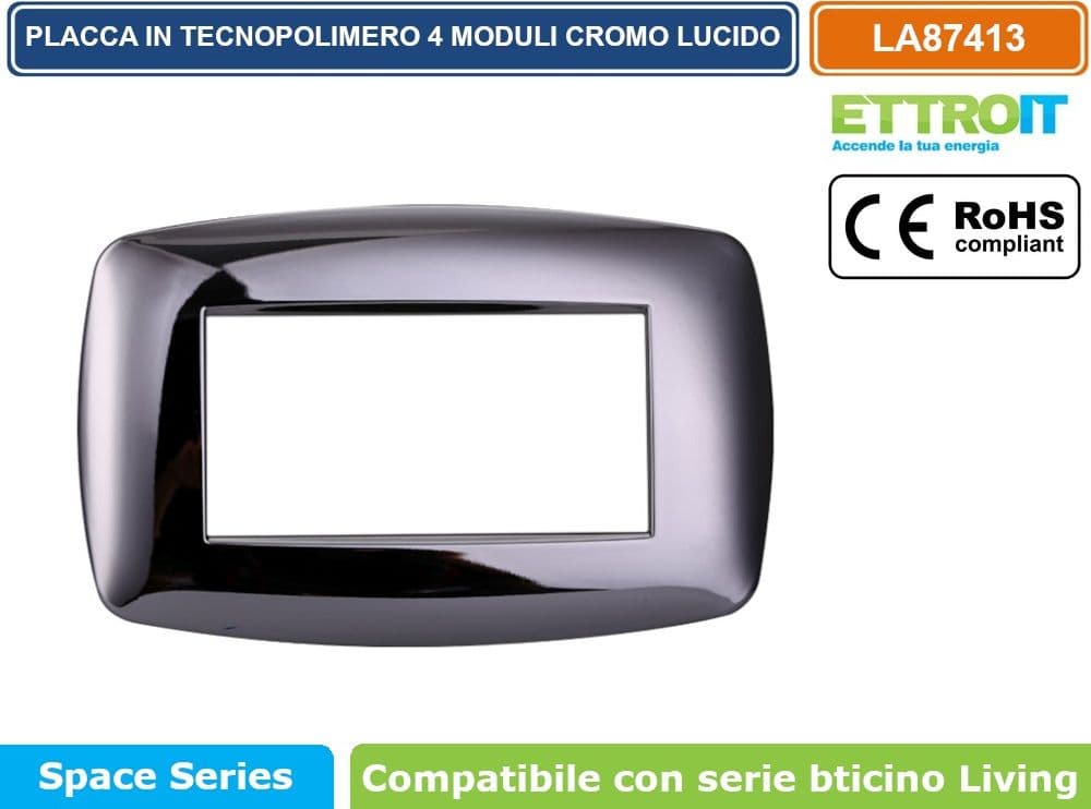PLACCA IN TECNOPOLIMERO SLIM COLORE CROMO LUCIDO COMPATIBILE CON SERIE BTICINO LIVING 3 - 4 - 7 MODULI ETTROIT LN87 - 3