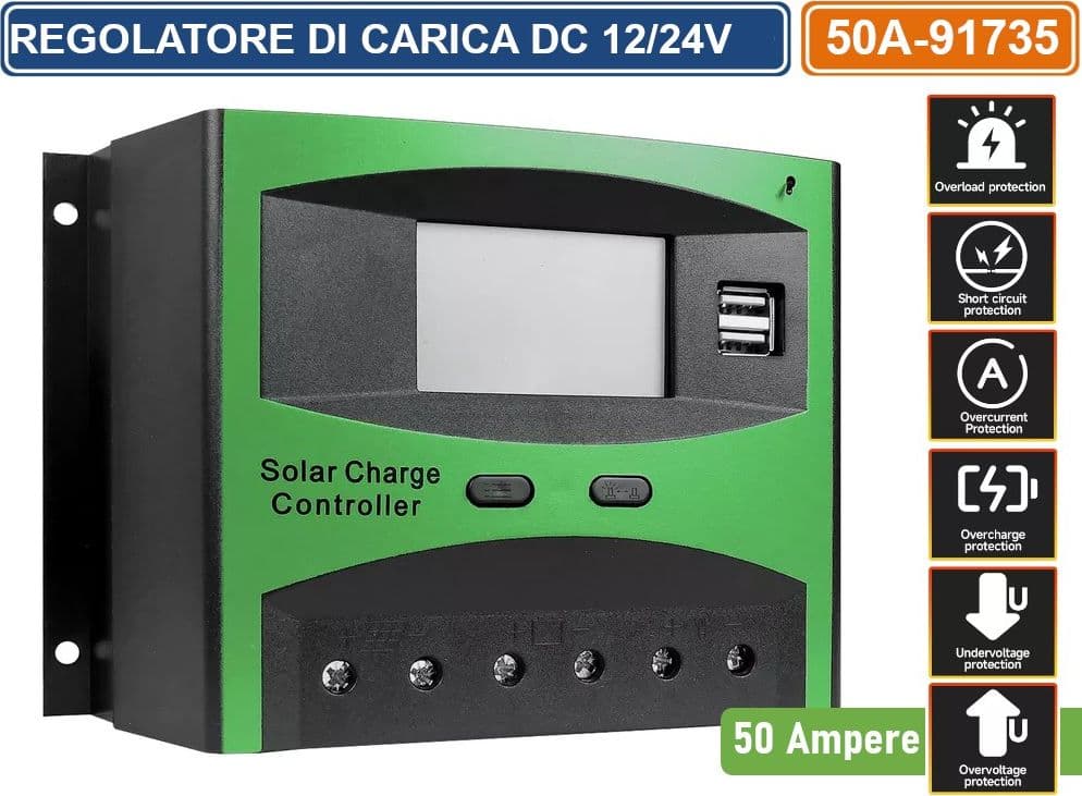 REGOLATORE DI CARICA PWM PER PANNELLI SOLARI 50A DC 12/24V AUTOSELEZIONE CON DISPLAY DOPPIA PORTA USB - 2