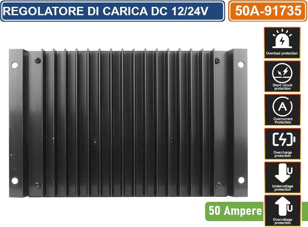 REGOLATORE DI CARICA PWM PER PANNELLI SOLARI 50A DC 12/24V AUTOSELEZIONE CON DISPLAY DOPPIA PORTA USB - 3