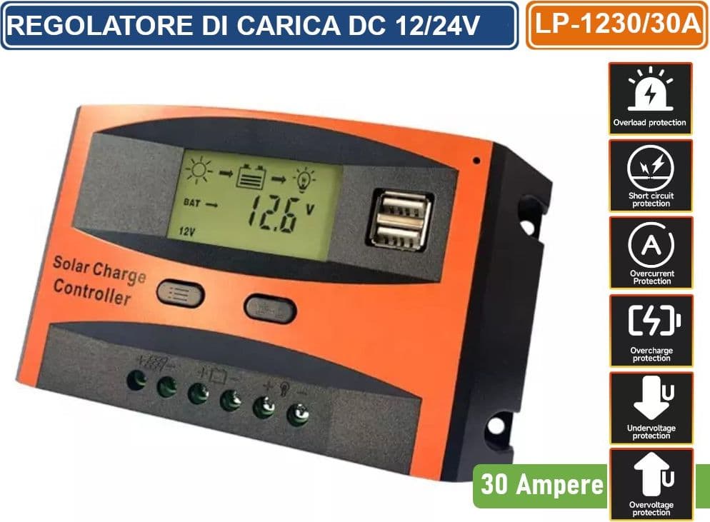 REGOLATORE DI CARICA PWM PER PANNELLI SOLARI 30A DC 12/24V AUTOSELEZIONE CON DISPLAY DOPPIA PORTA USB - 2